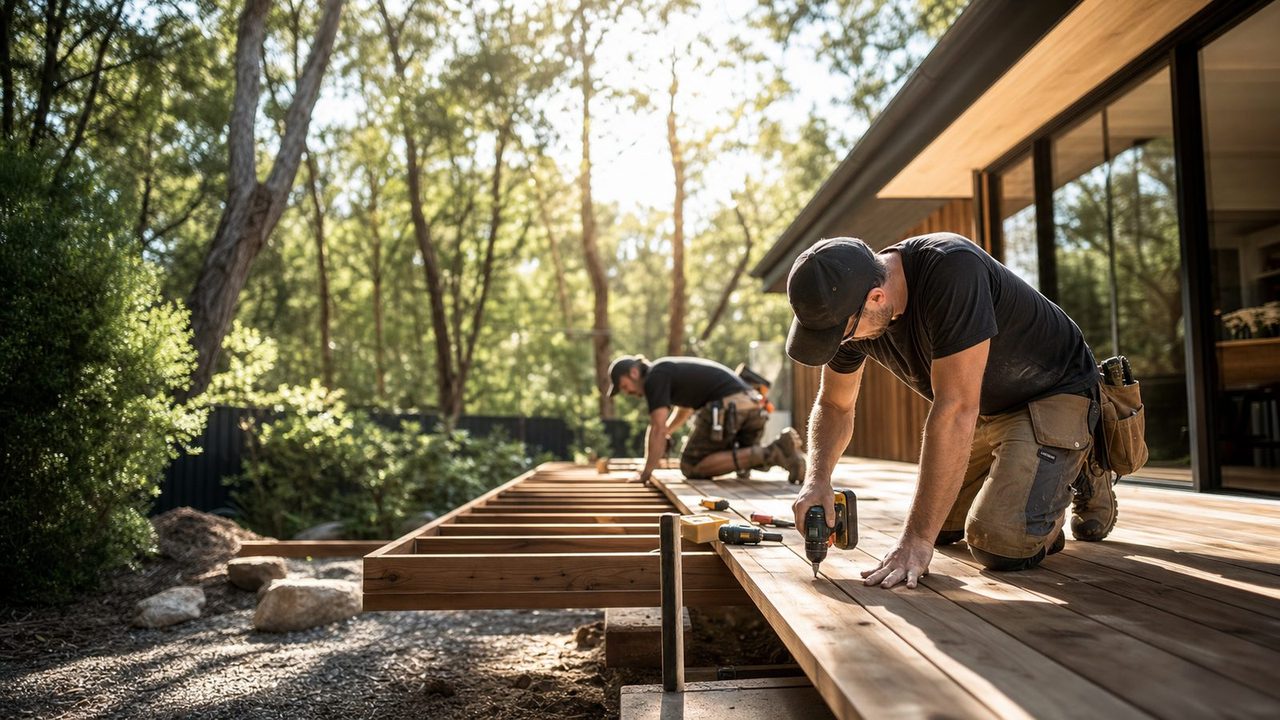 Illustrative deck construction scene showing framing before deck boards are fixed